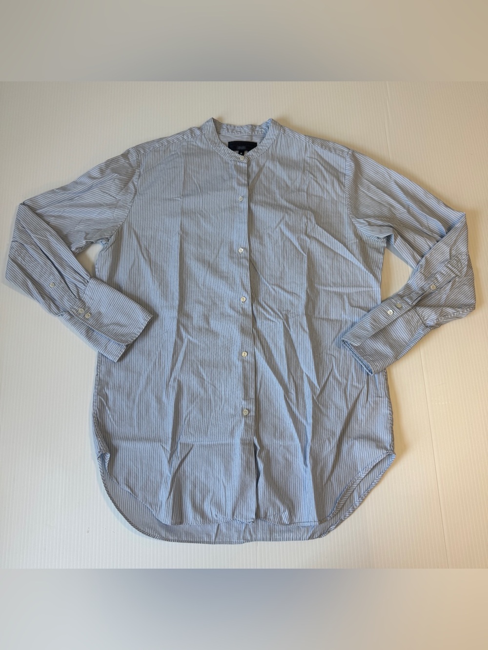 Nili Lotan Blue Stripe Band Collar Cotton Button Up Shirt Minimalist Size Medium
